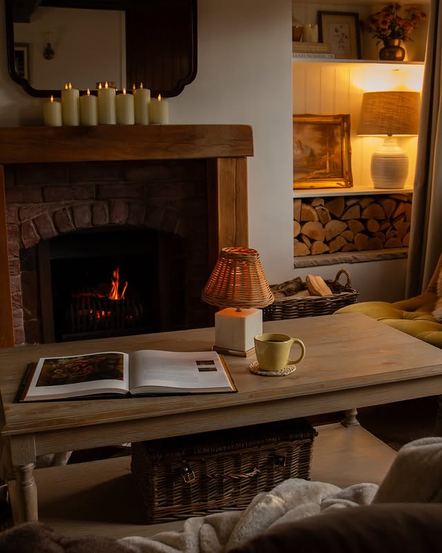 A rechargeable Doorstop table lamp with rattan shade sets the tone in this lovely sitting room by @ourlittlebrickcottage